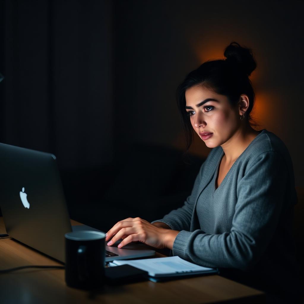 Dona de clínica cansada olhando planilha confusa no laptop de madrugada
